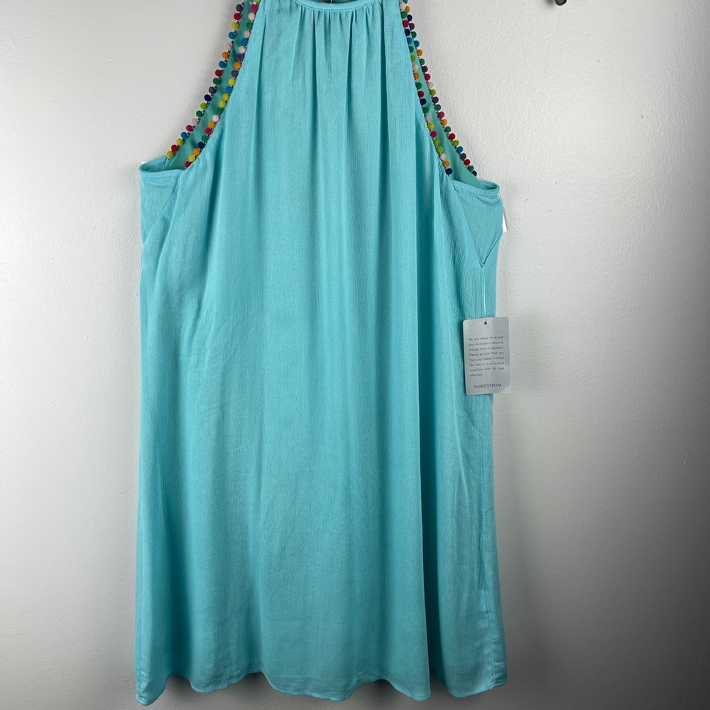 Women’s Sleeveless Swing Jade Green size Small short dress with Pom Pom Trim